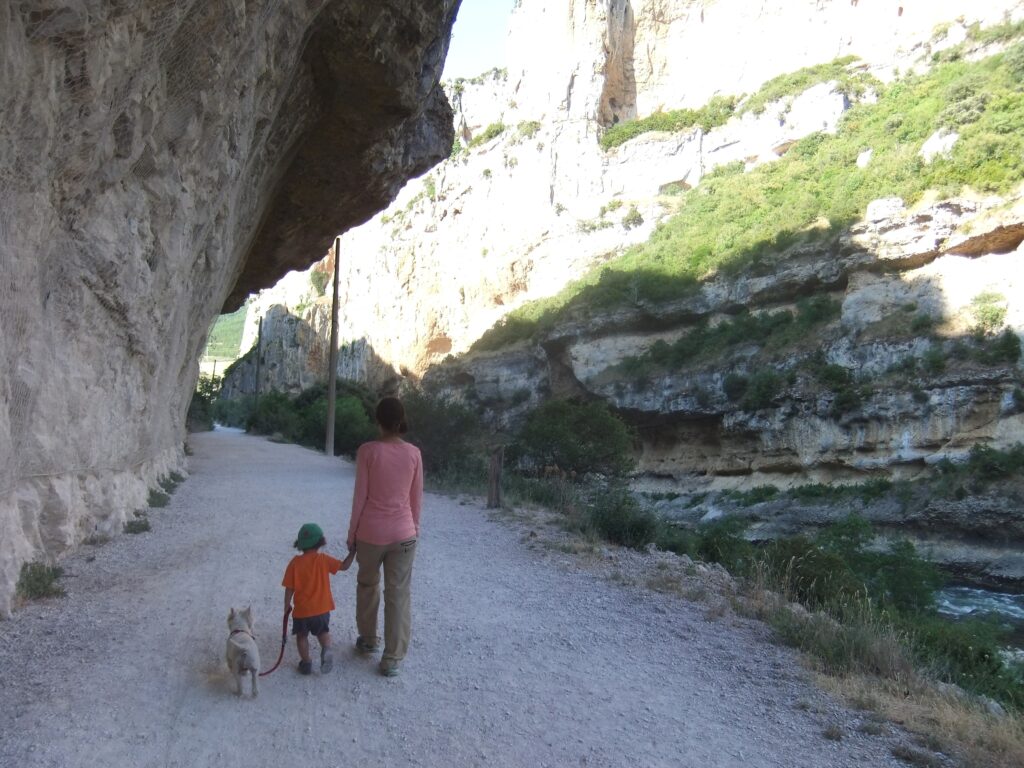 familia con niño pequeño y perro caminando en la foz de lumbier