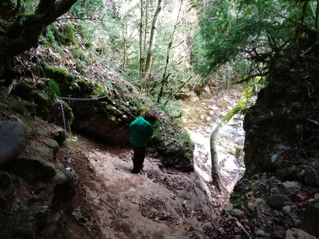 Niño bajando por un tramo equipado en la ruta al pont cabradis
