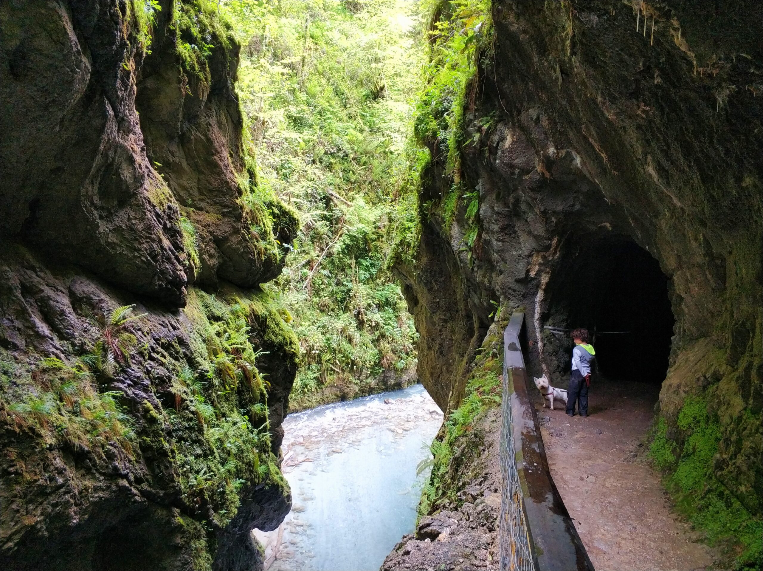 Persona con perra entrando al túnel excavado en la roca de las Gorges de Kakuetta